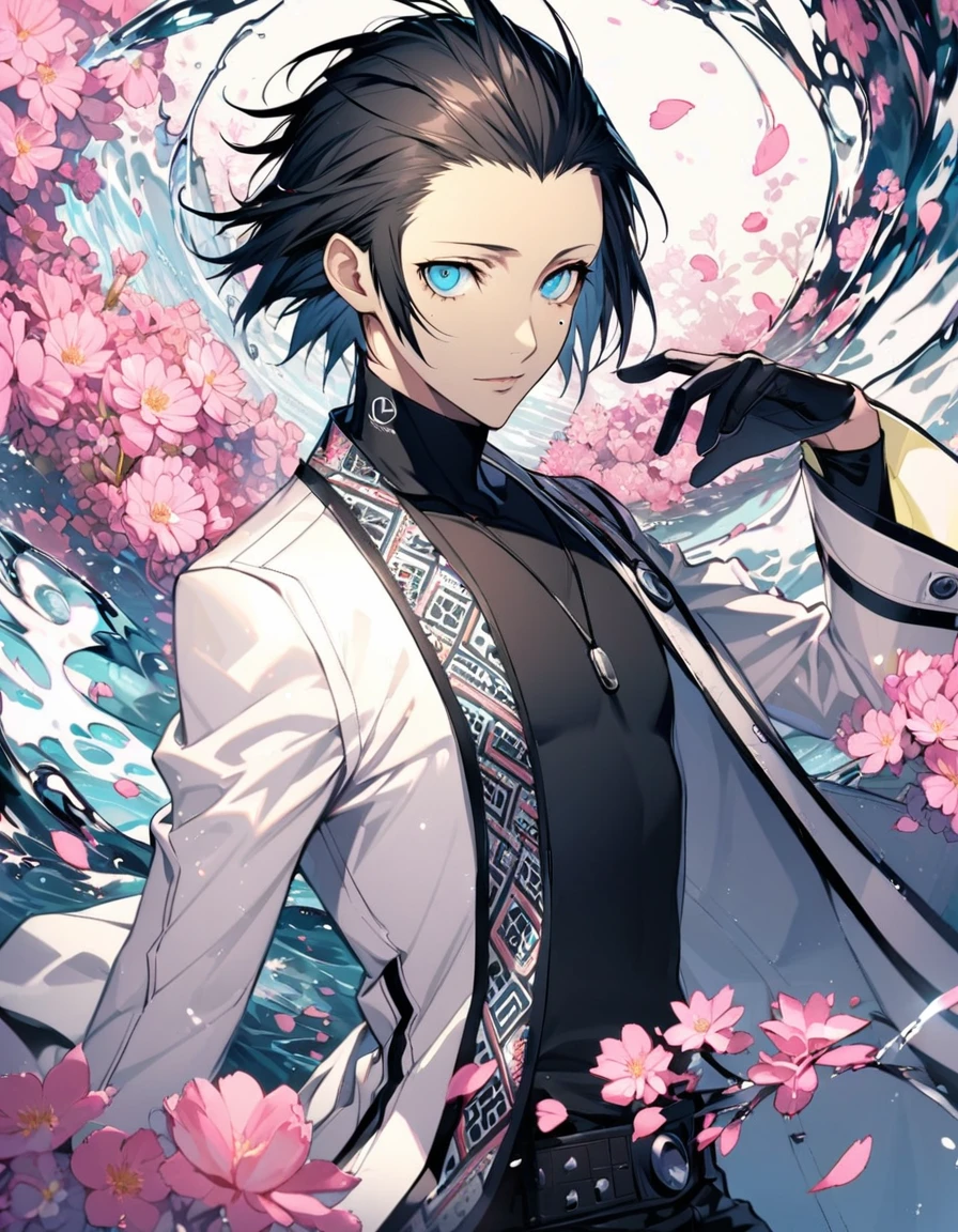 Ultra detailed, Highres, absurdres, Mochizuki Ryouji, black swept back hair, blue eyes, Persona 3, mole under the eye, white long coat with patterns, pink flowers, petals, extremely handsome, man, solo, very detailed eyes and face, black gloves, water, pink butterflies, black tight t-shirt,