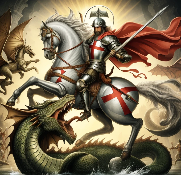 knight on horseback with a dragon and a knight on horseback, Jesus riding a dragon, santo cruzado medieval knight, Templar, santo cruzado medieval, por Eugeniusz Zak, cavaleiro santo cruzado medieval, by Inacio Zuloaga, god of dragons, por Luis Miranda, de arte, por Adam Marczyński
