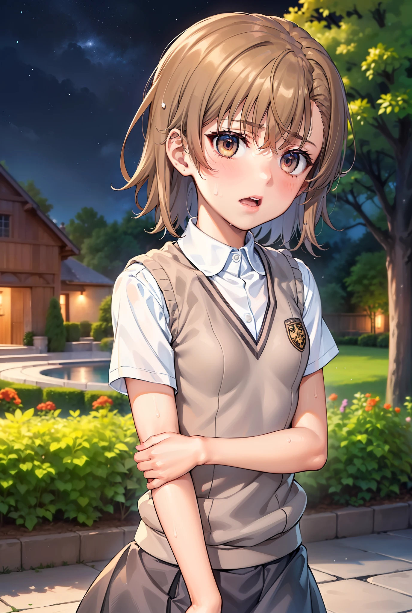 Smooth anime CG art、Focus Only、1 girl、Front view、(((Upper Body)))、(((Grey Skirt)))、Sweater vest、Short sleeve、(((Small breasts)))、(((sweat)))、Semi-short hair、(((Sweaty)))、Watery eye、blush、(((Embarrassed look)))、((Open your mouth))、(((Are standing)))、Spread your legs、((garden))、((Night Sky))、Midnight、Outdoor