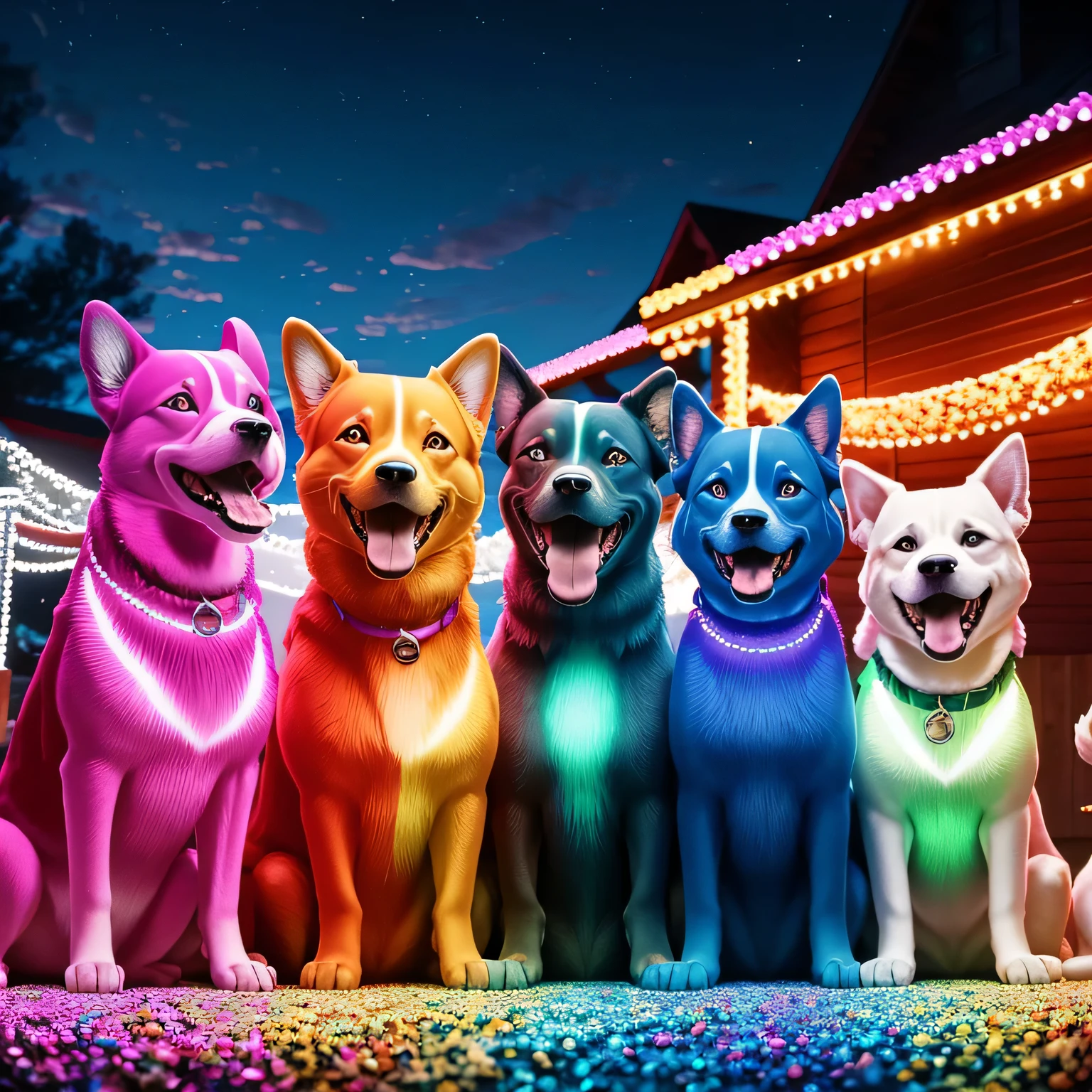 A vibrant and colorful dog surrounded by a playful pack of wagging tails and joyful barks, all in detailed and hyper-realistic rendering, filled with lights brighter than the sun, 8K resolution, capturing the essence of their lively spirits and joyful energy.