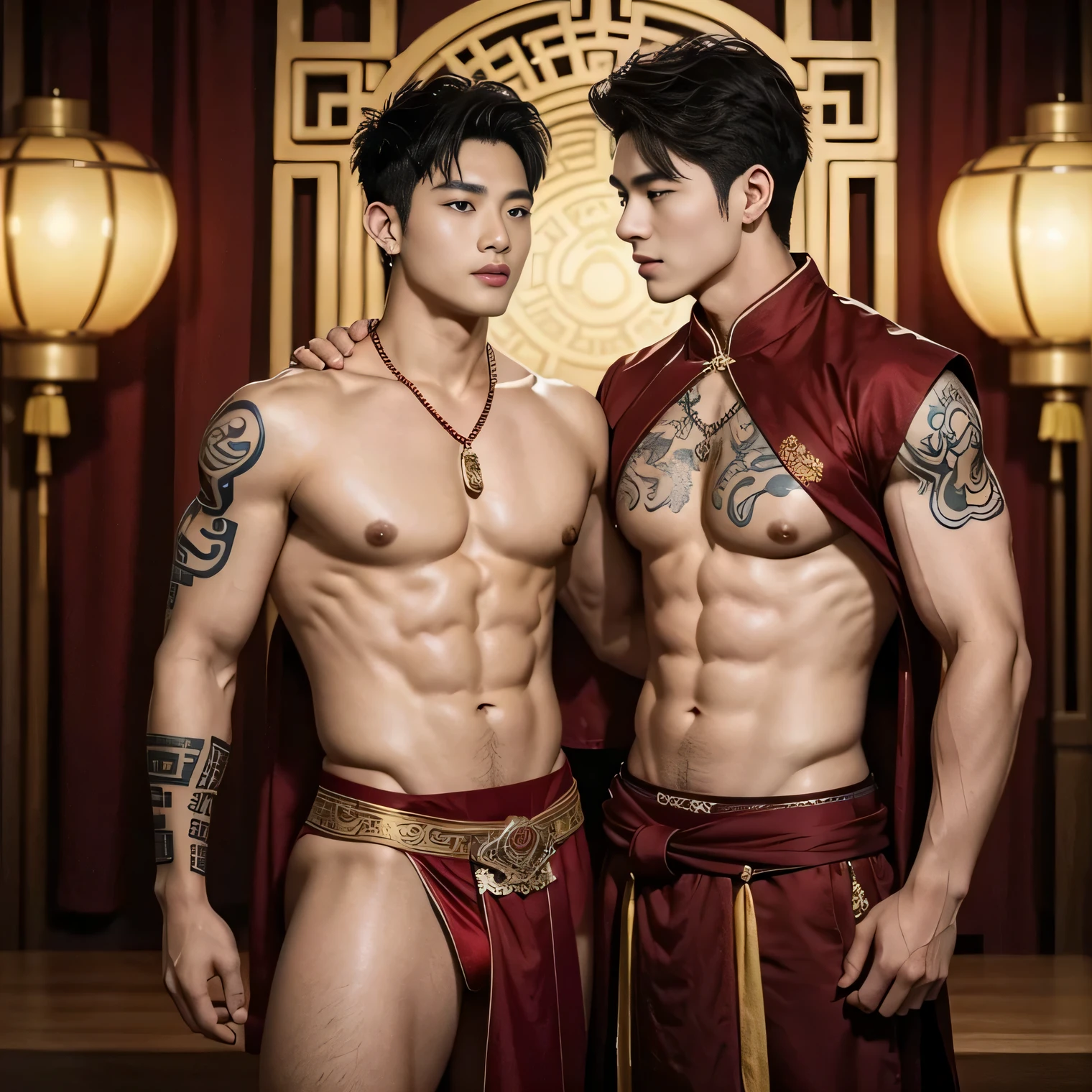 ( safe for work),Two handsome boys kissing, smiling at each other,hugging, kissing, touching lips, cuddle, romantic,skin ship, Chinese Men God, Mythology, realistic, Chinese odyssy, super Handsome,manly, kpop idol, handsome korean actor, 20 years old,, detailed face, manly jawline, detailed mess curly styling hair, Topless, Muscles, big breast Athlete body, Full Frame,full body shoots, realistic, human skin, tattoo breast, Professional studio Lighting, long red tibet wedding Outfit, jade and golden pendent all over , detailed jewery in dress, earings,Chinese ancient wedding Background,out door, super detailed background,look at camera , open mouth, thin Underneathe Underwear, tibet Warrior, Hanfu red wedding dress, tibet Male, tibet Nobel, Seduce , bare chest , tattoo chest, tattoo arms, tattoo hands, tattoo back, tattoo legs , tattoo belly, big juicy butts,