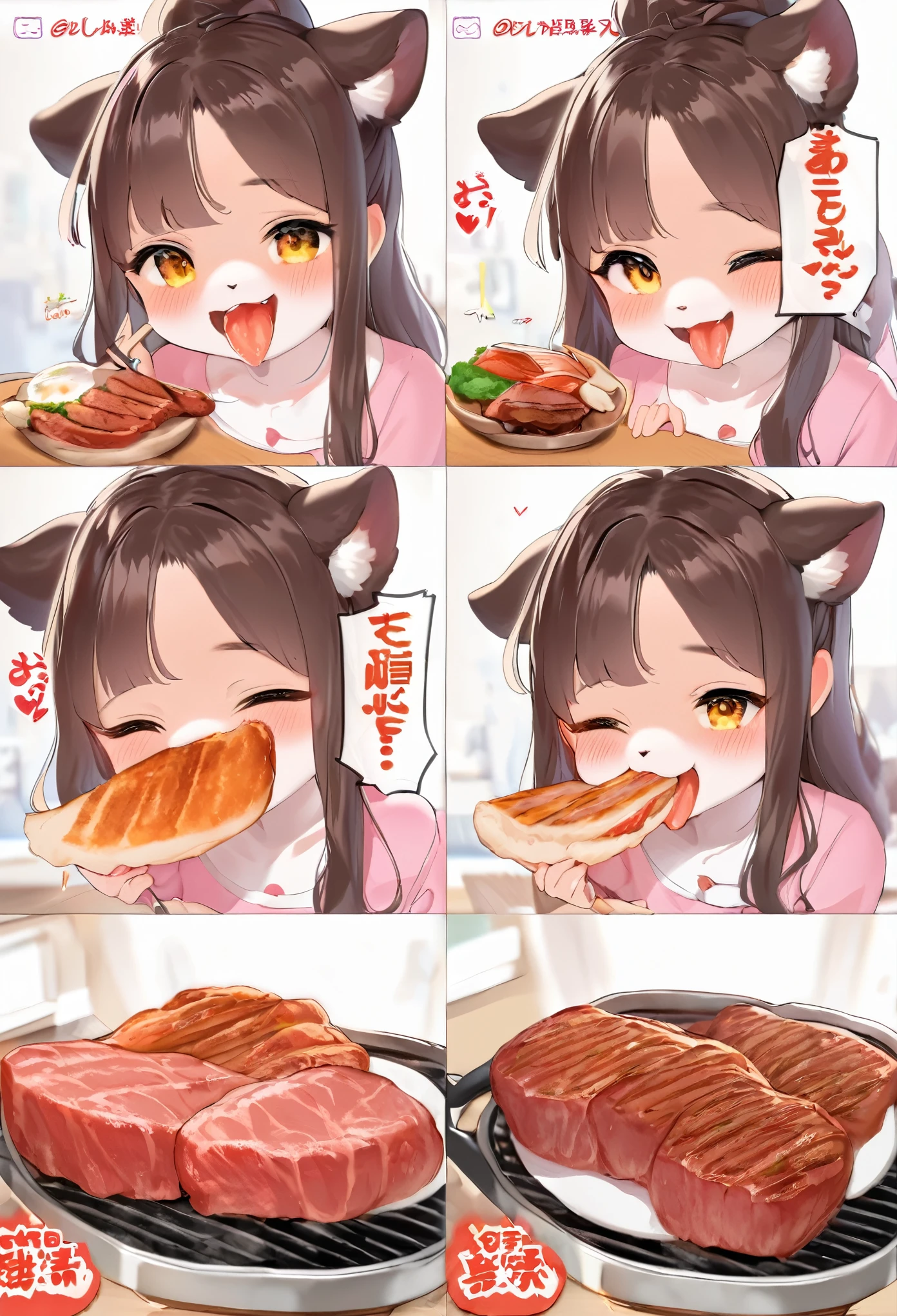 Girl Eating Grilled Meat、Galbi、 tongue、Loin Cute System、tmasterpiece、top-quality、Top image quality