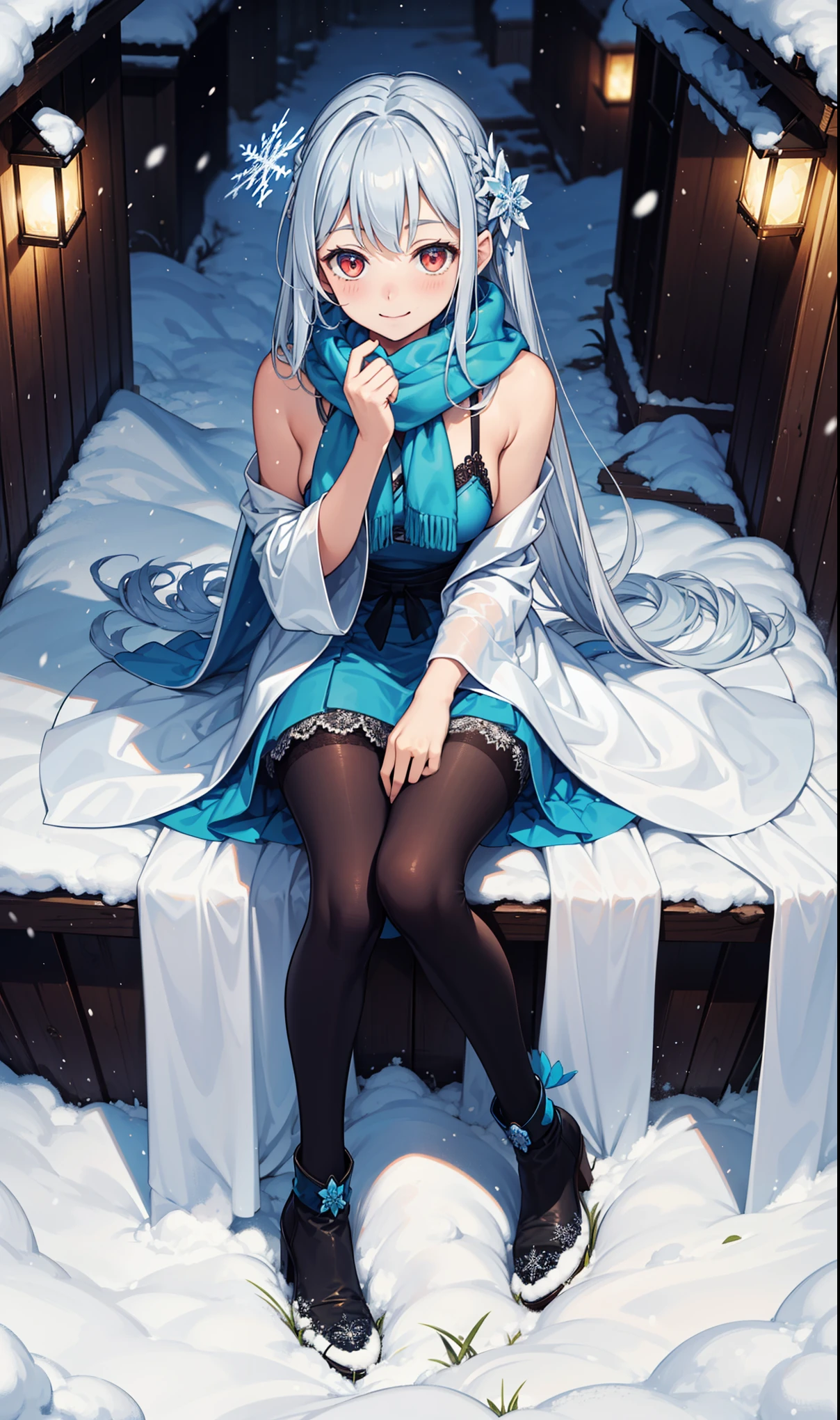 girl，Smile,in love，Moderate，(Azure Files Costumes)，Translucent clothing，holy，Colorful transparent skirt，beautiful pattern，sky blue pattern，snowy night，Transparent lace，Dress nicely，The only person，Special hairstyle，Mythical courtyard，(night:1.1)，Blizzard，(Snowflakes flying)，(Black long sling boots:1.1)，Pantyhose，Delicate and beautiful face，Sitting，Playing in the snow，Red Eyes, Frosty white hair，Warm down，a scarf around the neck