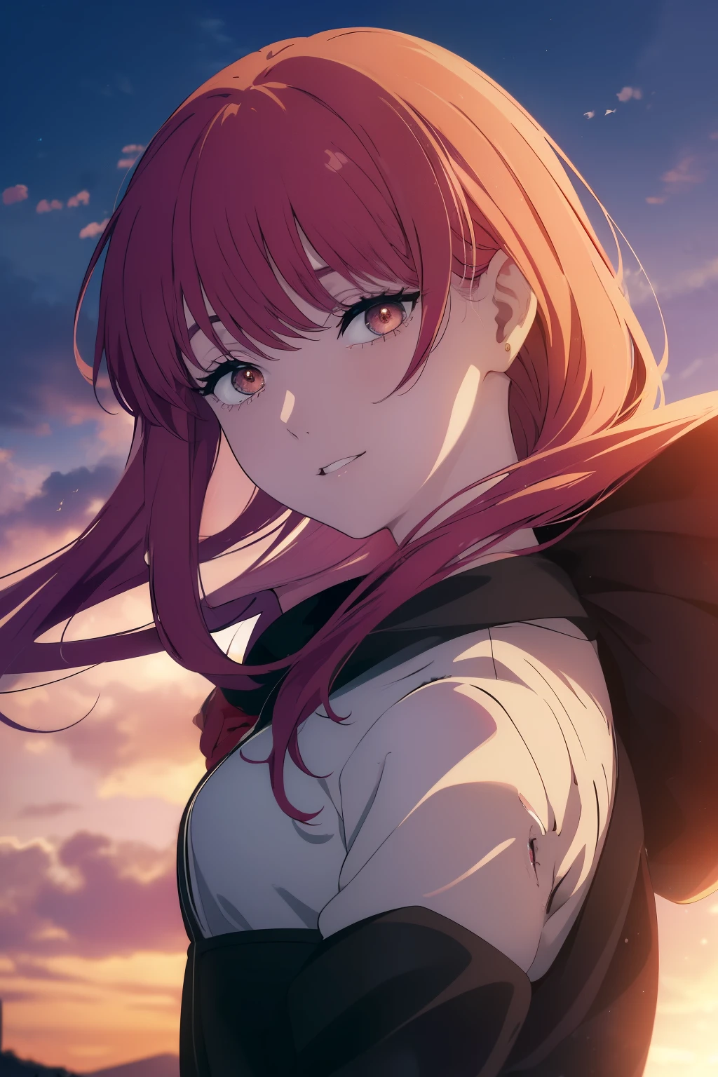 ((((Obra maestra, La mejor calidad, ultrahigh resolution)))), beautiful face, beautiful girl, 1girl, looking at viewer, standing, upper body, red hair, beautiful face, outside, wind blowing, detailed face, eyeliner, detailed red gradient eyes, shiny red eyes, black pupils, , face focus, pretty smile, happy, teeth, wide smile
