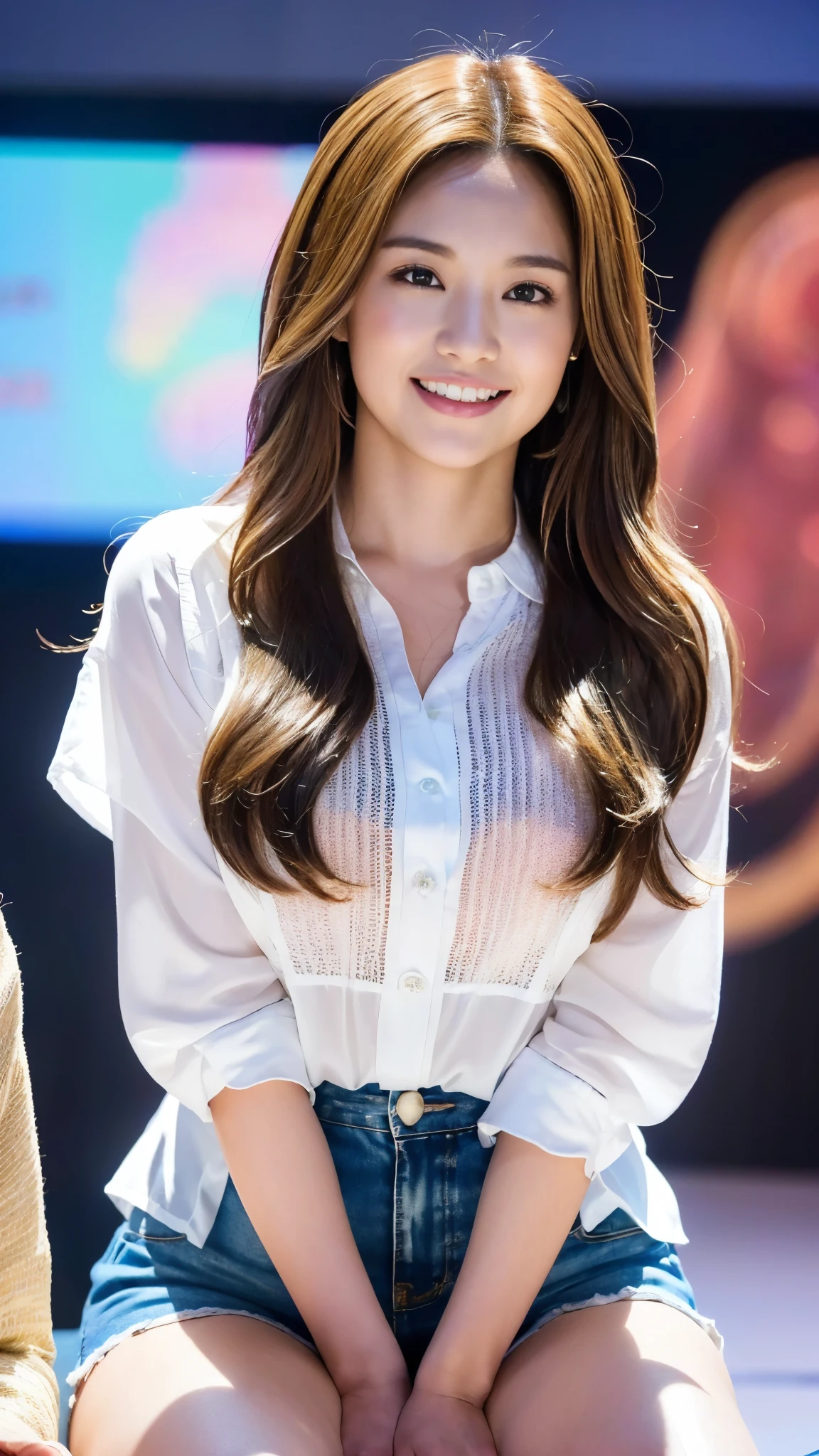 1 female, Dream Background, (Highly detailed body, very detailed face, top quality:1. Women), Looking at the audience, Smile with teeth, I can&#39;t see her hands, (Very Long Layered Hair:1.2), (Her thighs are beautiful:1.3), (8K:1.5), (cute man&#39;s Y shirt:1.3), (Skin radiance:1.3), (Huge breasts:1.3), The most beautiful woman in Korea, beautiful bridge, , 