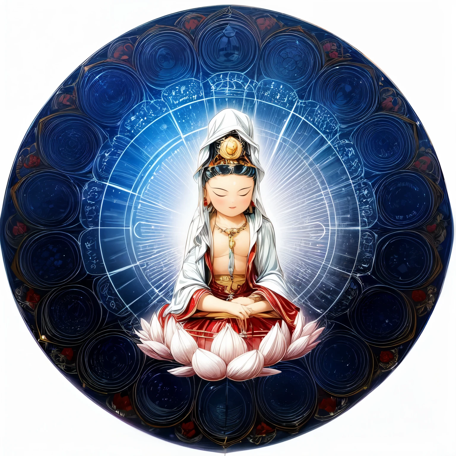 ((mantra and guanyin ,1boy)),cloud,stars,starry sky,rainbow,night,sun,crown,necklace,circle,sitting on lotus,(white flower,white lotus),jewelry,bracelet,crescent moon,earrings,magic circle,flower,bird,clock,blue theme,holding flower,