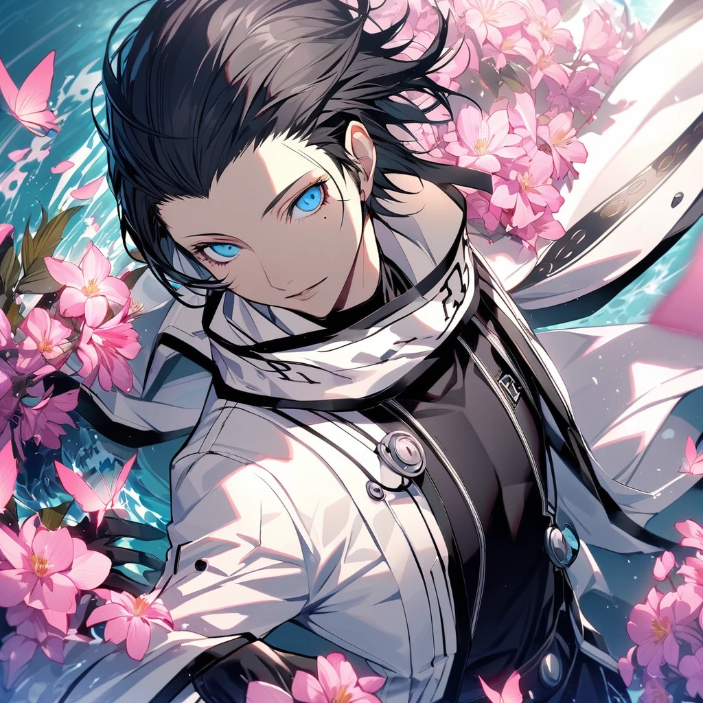 Ultra detailed, Highres, absurdres, Mochizuki Ryouji, black swept back hair, blue eyes, Persona 3, white scarf, mole under the eye, white long coat with patterns, pink flowers, petals, extremely handsome, man, solo, very detailed eyes and face, black gloves, water, pink butterflies, black tight t-shirt,