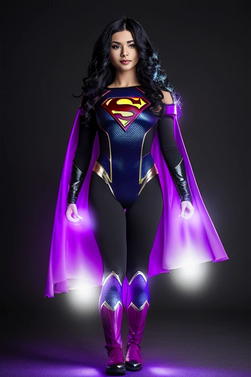 24 year old girl, superheroine in black and purple full bodysuit costume covering legs, black and purple superhero theme, she's a superhero long black hair, small glowing purple orb floating next to her, small purple energy orb next to her, intricate detail, masterpiece, ultra-realistic, 4k resolution, very detailed, family friendly

