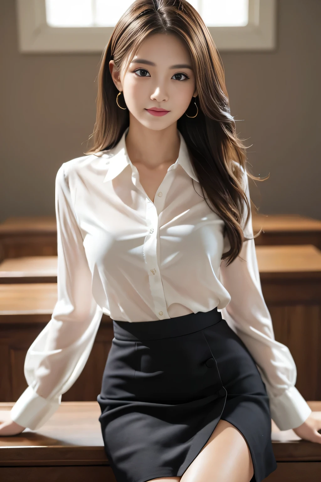 Tabletop, highest quality, Realistic, Very detailed, finely, High resolution, 8k wallpaper, One beautiful woman,, Light brown messy hair, He is wearing a black see-through dress shirt with an open collar......., Sharp focus, Perfect dynamic composition, Beautiful and detailed, Thinning hair, Detailed Realistic skin texture, smile, Close-up portrait, Model Body Type、president'secretary、mini skirt、High heels、