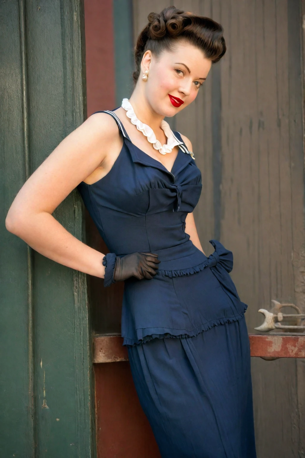 Full body portrait of Betty (Style (1940s Sailor Dress:1.5), (Very detailed:1.3):1.3), (Very detailed face:1.8), (1940s Pompadour Hairstyle:1.3), (The body is slim, (Large Breasts:1.3), Small hips:1.5), (Leaning against the bar:1.5), (Background Sidewalk Downtown New York City 1940:1.4), (Soft studio lighting, Volumetric Shadows), JCH Street Pan, ISO100