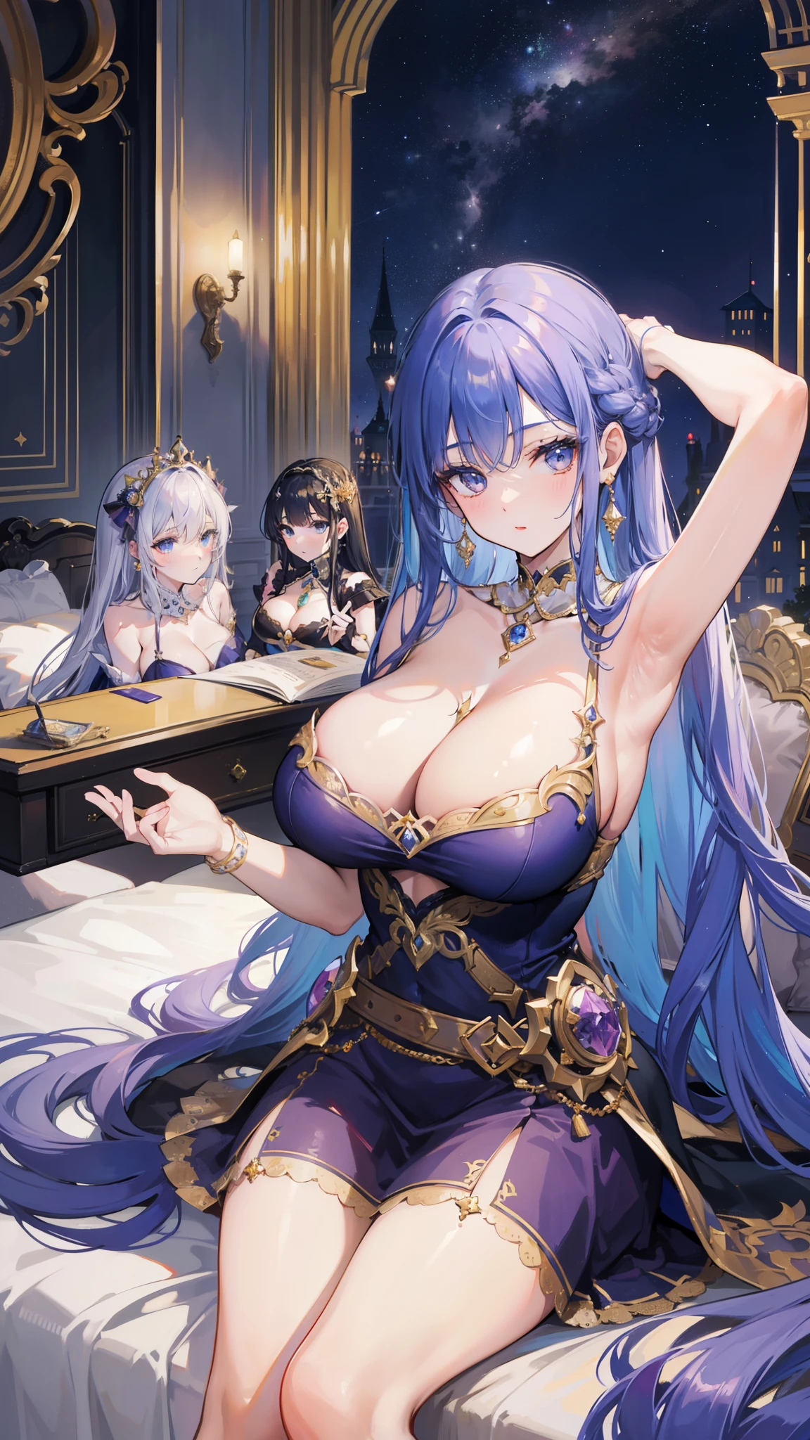 A group of young princesses, (In the bedroom), Various hairstyles, harem, Wearing a royal dress, night, Detailed face, , Short skirt, Lure, sleeveless , Show your armpits, night, starry night，((Big breasts))