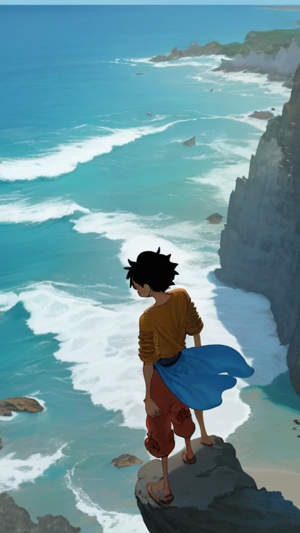 Luffy de one pice, sentado en una roca y de fondo el bello mar azul