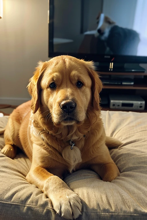 Golden retriever dog, pardo, com cara de coitadinho, lying on the pillow and the TV has a blurry background