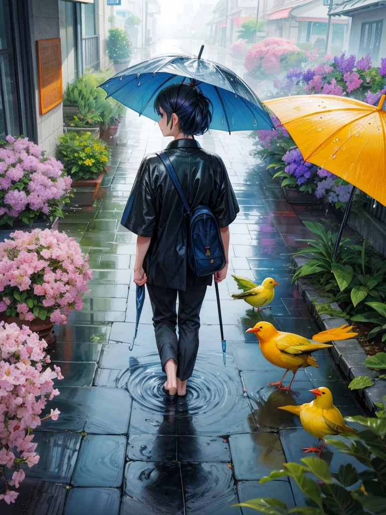 A movie poster of many people holding umbrellas on a rainy day in spring. From a top-down perspective, people walk on streets that have rained before, raindrops are falling, and people are holding umbrellas. Umbrellas have different patterns and rhythmic arrangements. On rainy ground, rain is falling, with lively colors. Matisse's color scheme is lavender, Klein blue, amber, moss green, Chinese white space, minimalist flat, bright colors, and light penetrating the air, Dopamine color, bird's-eye view, soft minimalist composition