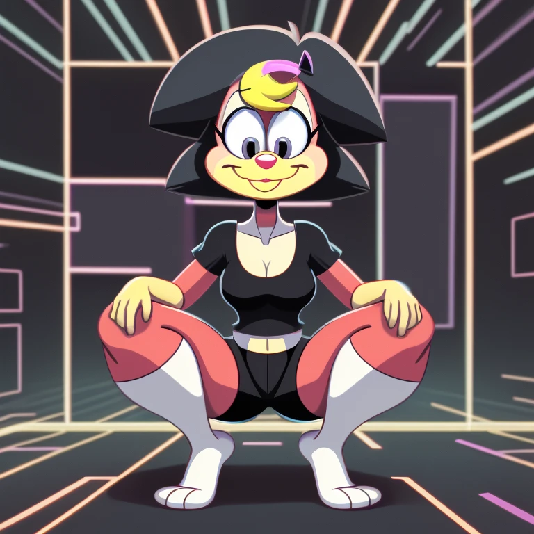 Julia from animaniacs, wearing black shorts, squatting down, crossed legs, in 1980s smiley face cyberspace, bored expression, thick thighs, in traditional hand drawn animation aesthetic,