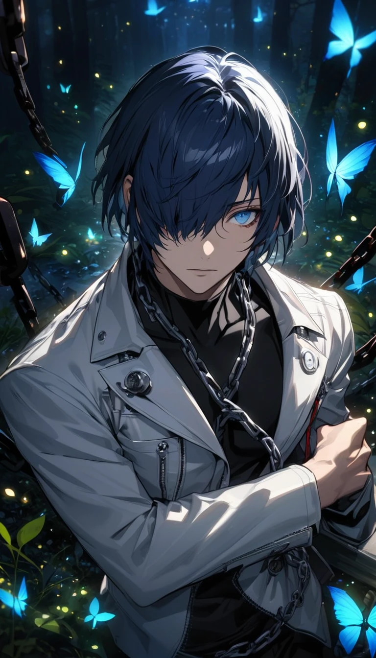 absurdres, highres, ultra detailed, HDR, master piece, best quality, extremely detailed face and eyes, perfect face, Arisato Minato, expressive blue eyes, short dark blue hair, bangs over his left eye, short hair, Persona 3, solo, sexy man, handsome, white jacket, black tight shirt, clock mechanical moon, fantasy, chains, fireflies, butterflies