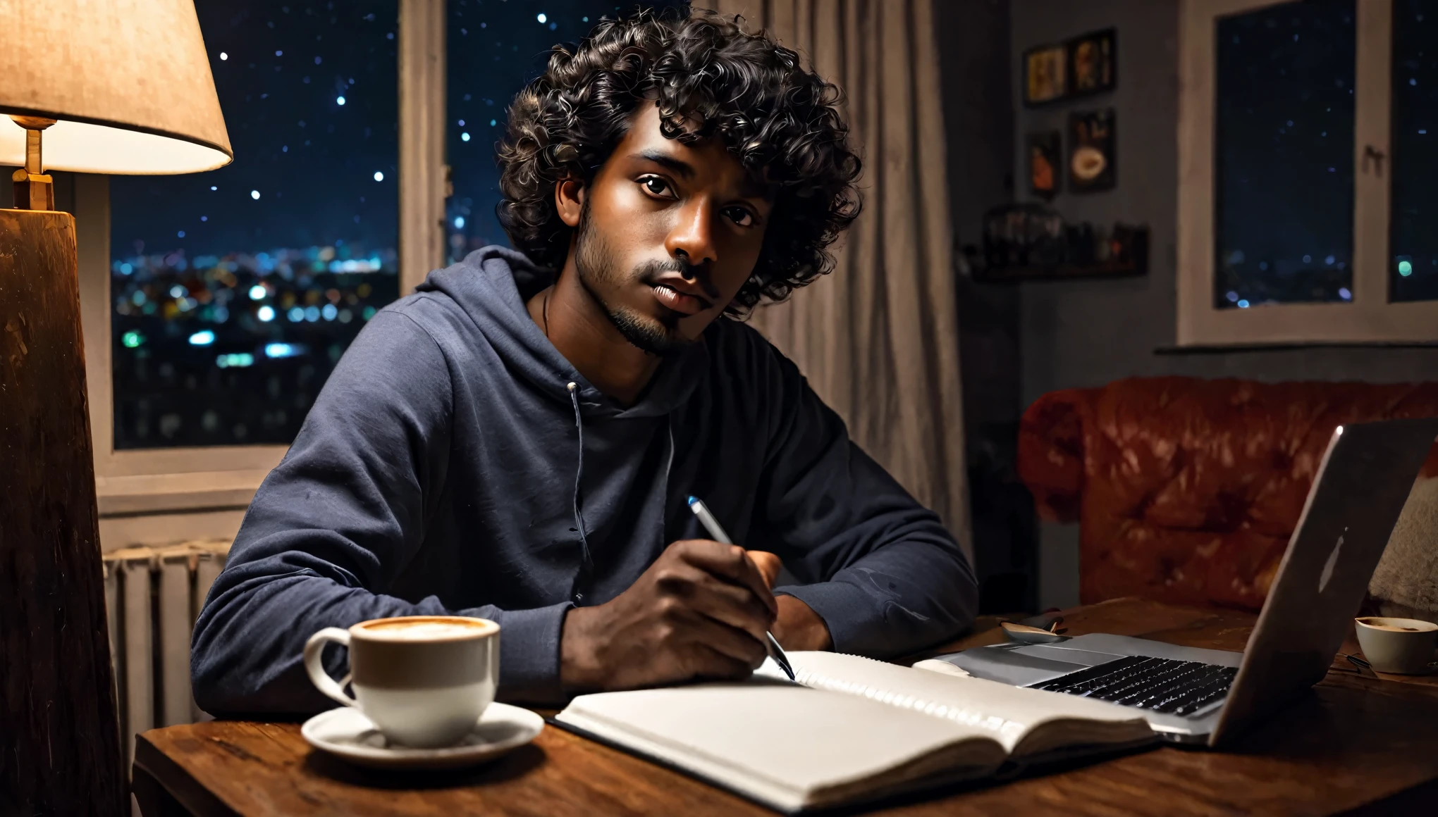 Lofi, Man, Dark skin, Black curly hair, Comfy, Notebook, Coffe, Night, Relax, Room, HD, High Resolution, Masterpiece, 4K