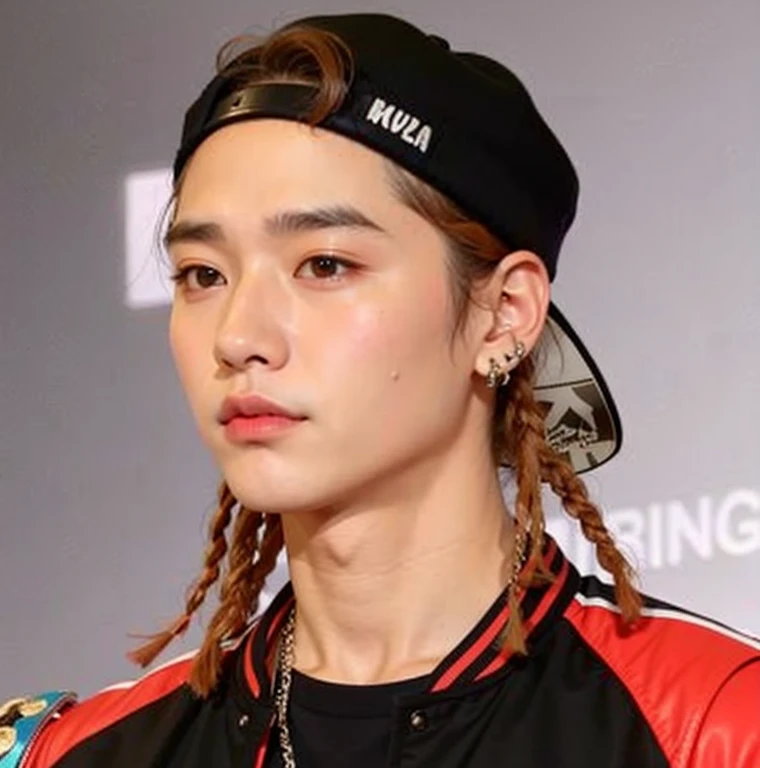 un primer plano de una persona con sombrero y chaqueta, hyung tae, yoongi de pelo negro, pale korean adorable face, cai xukun, portrait of jossi de blackpink, con el mismo peinado, Hong June Hyung, wearing a scarf and a chain, jossi de blackpink, jungkook, kpop idol portrait, con coletas negras, kim taejin, pelo trenzado naranja
