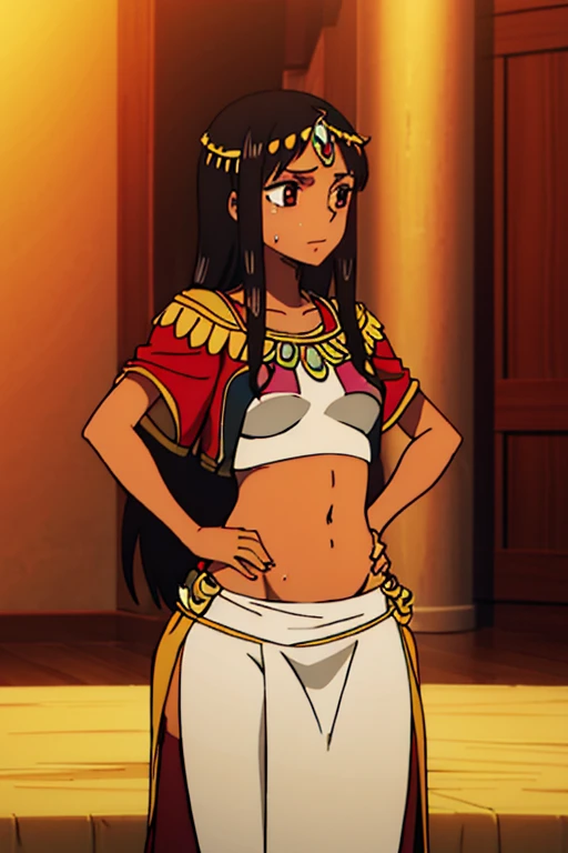 (best quality, masterpiece), brown skinned anime Cleopatra wearing a triangle top and long skirt, famished in hunger, (gently resting hands on stomach), (sweating), (long black hair), (hands on stomach), (pressing stomach with her fingers)
