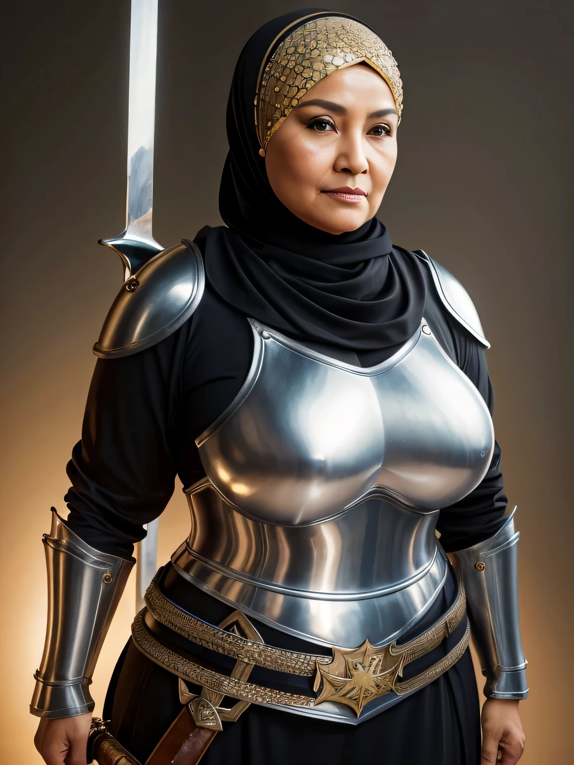 (Realistic) ((Hijab)) (real mature face) 68 Years old fat Brunei mature woman, sexy curvy, (sexy chubby body shape), (female warrior) (natural breast shape was exposed) wearing full metal Armor, holding a sword and a shield on her arms, natural makeup, gorgeous eyes, Soft smile, professional photography with excellent lighting