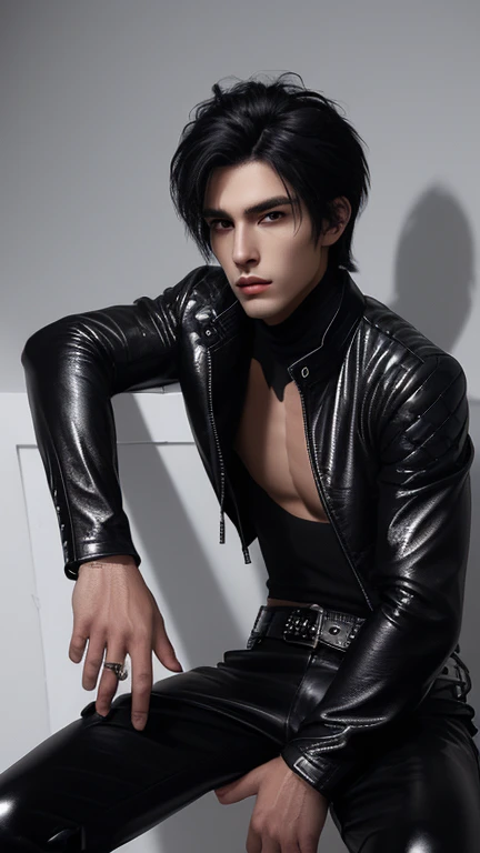 (best quality), 1boy, male, pale skin, black hair, short hair, tousled hair, messy bangs, bangs over eyes, blue eyes, perfect eyes, dark circles under eyes, lanky body, boyish, strong jawline, frown, attractive, goth boy, long sleeved black crop top, masculine body, black nails, black earstuds, masterpiece, anatomically correct, highres
