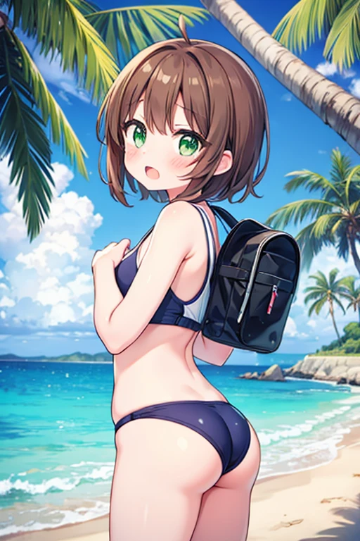 1girl, kinomoto sakura, beach, outdoors, solo, ass, school swimsuit, green eyes, palm tree, tree, brown hair, short hair, day, looking back, beach,open mouth,blush,small hip,crying face,antenna hair,get wet,flat chest