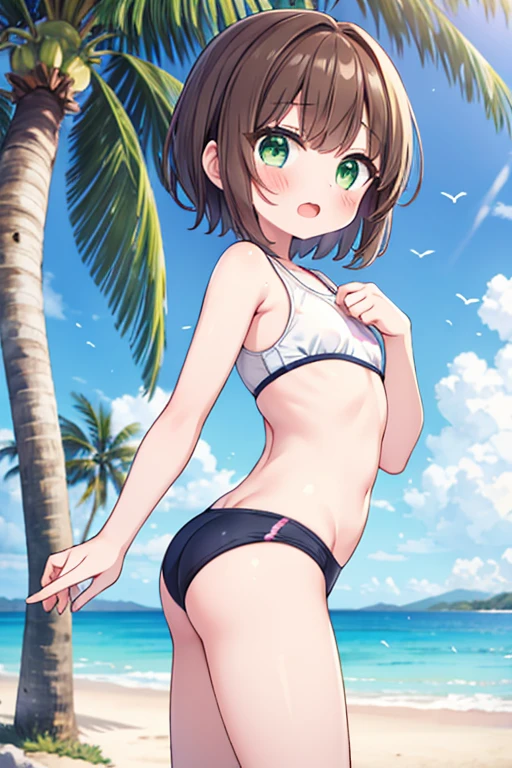 1girl, kinomoto sakura,  beach, outdoors, solo, ass, school swimsuit, green eyes, palm tree, tree, brown hair, short hair, day, looking back, beach,open mouth,blush,small hip,crying face,antenna hair,get wet,flat chest