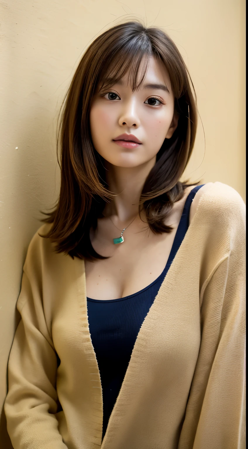 (highest quality、8k、32k、masterpiece、Photorealistic:1.4、Hmph:1.2)、Cute Japanese Women Photos、Big:1.4、very short bob hair、Especially the upper part of the body、Face Focus、Extra Large_sweater、necklace、Simple Background、From above、Looking at the audience、Cleavage:1.5、A balanced body、Adult-like clothes、Put on your jacket、Young girl in her late 20s、Background beige wall、indoor、Soft lighting、Straight hair、Light brown hair co can see the neck、Hair length that does not reach the shoulders