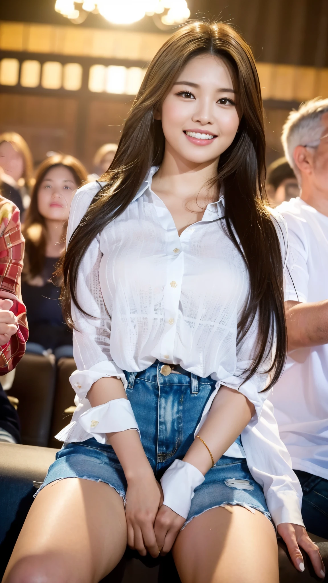 1 female, Dream Background, (Highly detailed body, very detailed face, top quality:1. Women), Looking at the audience, Smile with teeth, I can&#39;t see her hands, (Very Long Layered Hair:1.2), (Her thighs are beautiful:1.3), (8K:1.5), (cute man&#39;s Y shirt:1.3), (Skin radiance:1.3), (Huge breasts:1.3), The most beautiful woman in Korea, beautiful bridge, , 
