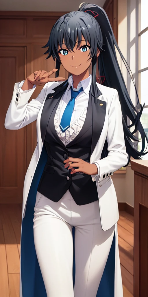 ((best quality)), ((masterpiece)), (detailed) 1girl 1girl, ;\), blurry, blurry_background, breasts, , hair_ponytail ribbon, looking_at_viewer, ok_sign, one_eye_closed, open_hand, Yukinoshita Yukino ,Woman wearing formal clothes, An attractive coat stands in a large gap in the room , 1girl, solo, blue necktie, Black hair, eyes blue, long hair, smile , collared shirt, white pants, white shirt , Elegantly designed coat , Stand in front of a window ,Perfectly tailored tailcoat. It has a stunning Victorian design and is made of lustrous fabric, dark skin gyaru black skin