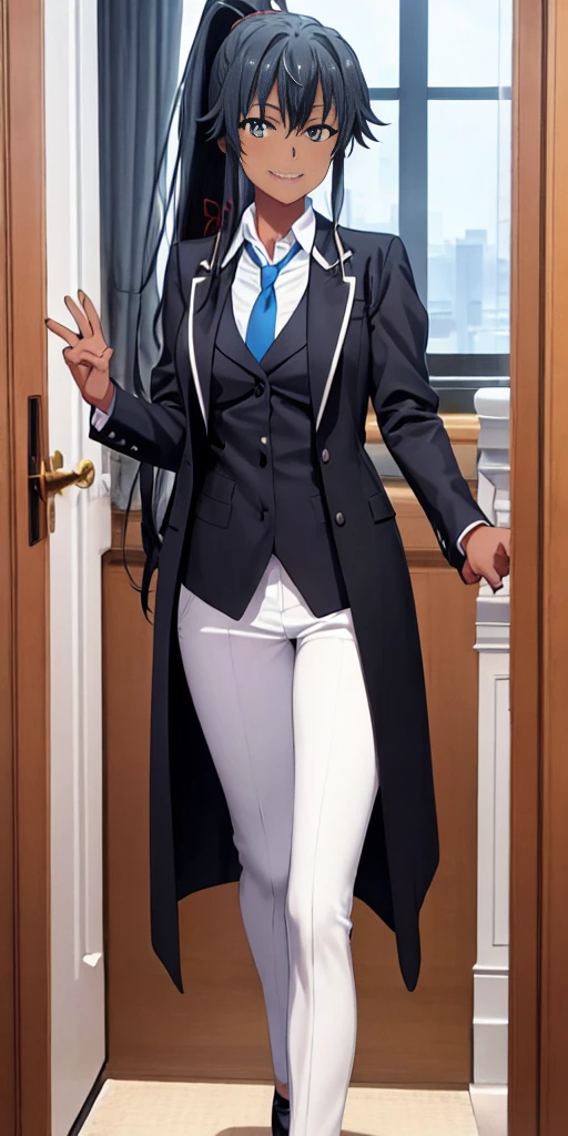 ((best quality)), ((masterpiece)), (detailed) 1girl 1girl, ;\), blurry, blurry_background, breasts, , hair_ponytail ribbon, looking_at_viewer, ok_sign, one_eye_closed, open_hand, Yukinoshita Yukino ,Woman wearing formal clothes, An attractive coat stands in a large gap in the room , 1girl, solo, blue necktie, Black hair, eyes blue, long hair, smile , collared shirt, white pants, white shirt , Elegantly designed coat , Stand in front of a window ,Perfectly tailored tailcoat. It has a stunning Victorian design and is made of lustrous fabric, dark skin gyaru black skin