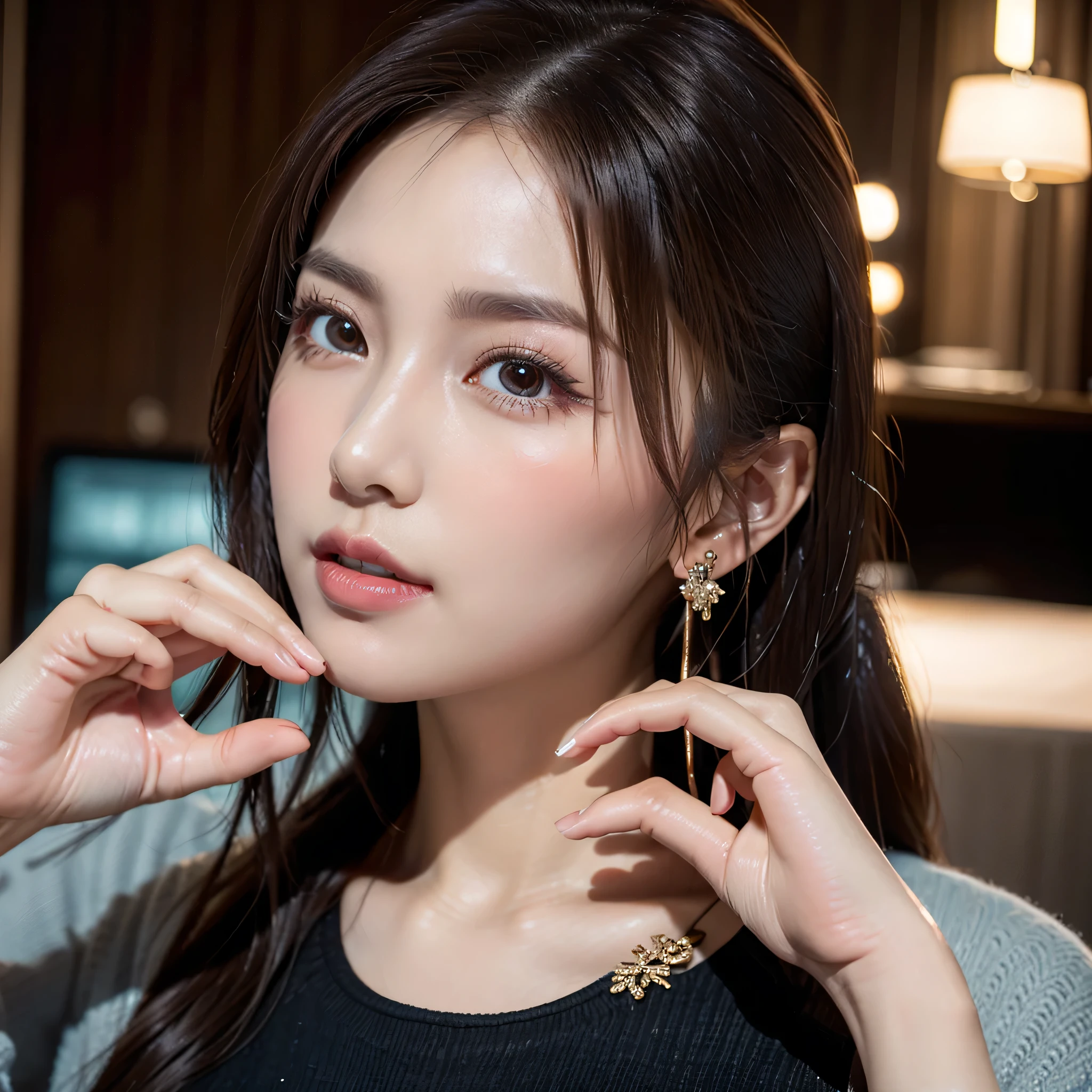 one girl,hairpin,necklace,earrings,look up from below,pointed red mouth, cheeks turn red, Staring at the viewer in embarrassment, big and full breasts, (shiny long ponytail), decorated ponytail, (professional lighting), (16K,table top), , (camisole), highest quality , Ultra high resolution output image, (intricate details), (Image mode to Ultra HD), written boundary depth, Detailed characteristics of hair, detailed facial features, Detailed features of the garment, beautiful hands, beautiful fingers, Detailed functions of fingers,
