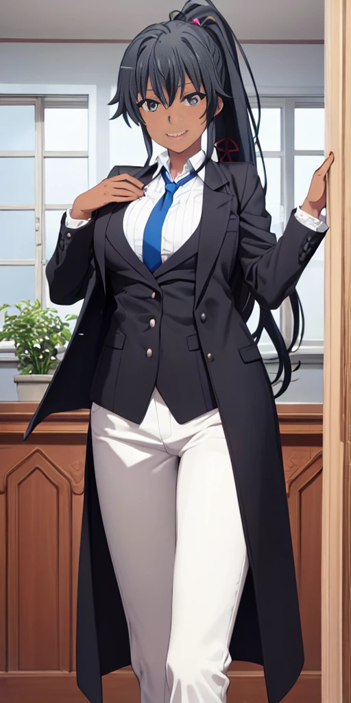 ((best quality)), ((masterpiece)), (detailed) 1girl 1girl, ;\), blurry, blurry_background, breasts, , hair_ponytail ribbon, looking_at_viewer, ok_sign, one_eye_closed, open_hand, Yukinoshita Yukino ,Woman wearing formal clothes, An attractive coat stands in a large gap in the room , 1girl, solo, blue necktie, Black hair, eyes blue, long hair, smile , collared shirt, white pants, white shirt , Elegantly designed coat , Stand in front of a window ,Perfectly tailored tailcoat. It has a stunning Victorian design and is made of lustrous fabric, dark skin gyaru black skin