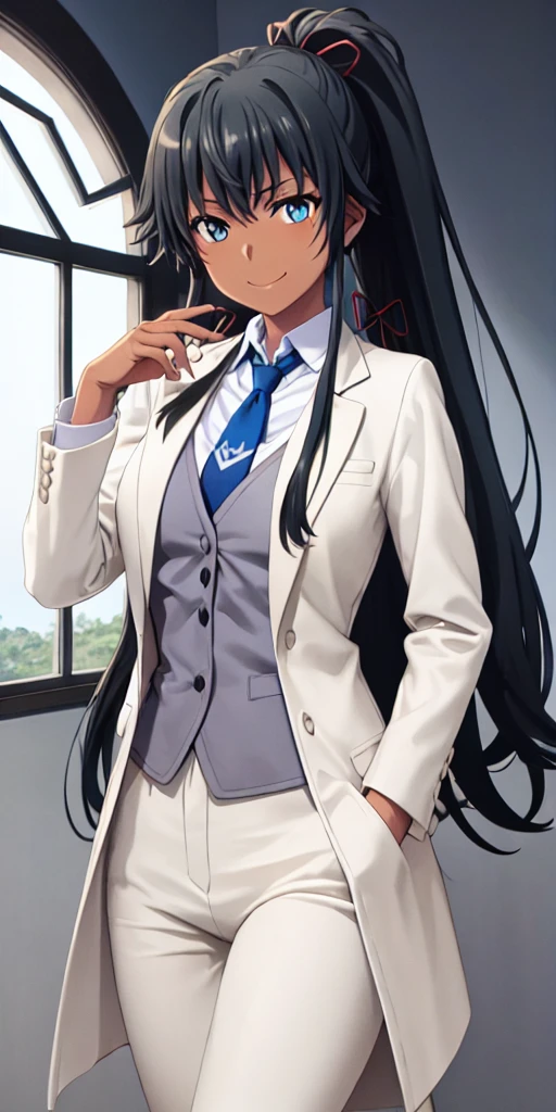 ((best quality)), ((masterpiece)), (detailed) 1girl 1girl, ;\), blurry, blurry_background, , , hair_ponytail ribbon, looking_at_viewer, ok_sign, one_eye_closed, open_hand, Yukinoshita Yukino ,Woman wearing formal clothes, An attractive coat stands in a large gap in the room , 1girl, solo, blue necktie, Black hair, eyes blue, long hair, smile , collared shirt, white pants, white shirt , Elegantly designed coat , Stand in front of a window ,Perfectly tailored tailcoat. It has a stunning Victorian design and is made of lustrous fabric, dark skin gyaru black skin