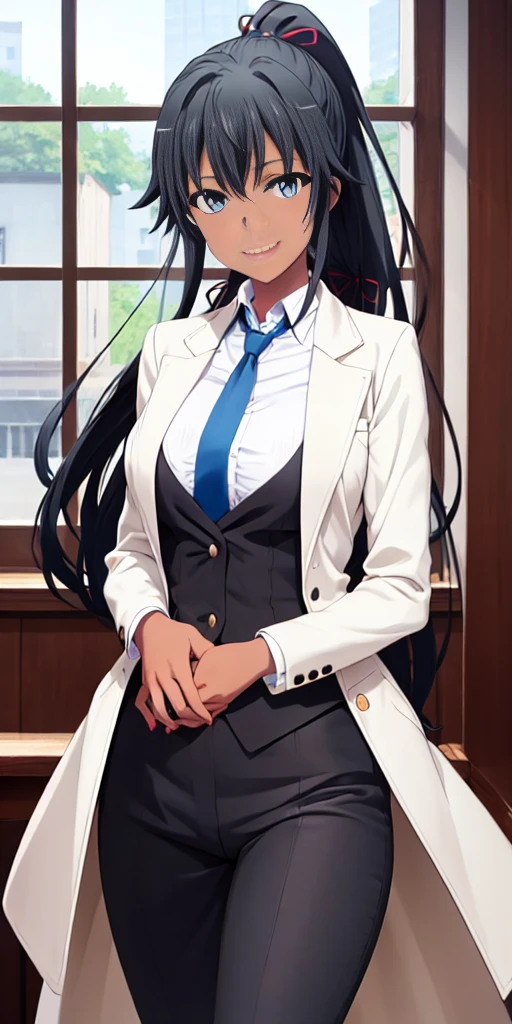 ((best quality)), ((masterpiece)), (detailed) 1girl 1girl, ;\), blurry, blurry_background, breasts, , hair_ponytail ribbon, looking_at_viewer, ok_sign, one_eye_closed, open_hand, Yukinoshita Yukino ,Woman wearing formal clothes, An attractive coat stands in a large gap in the room , 1girl, solo, blue necktie, Black hair, eyes blue, long hair, smile , collared shirt, white pants, white shirt , Elegantly designed coat , Stand in front of a window ,Perfectly tailored tailcoat. It has a stunning Victorian design and is made of lustrous fabric, dark skin gyaru black skin