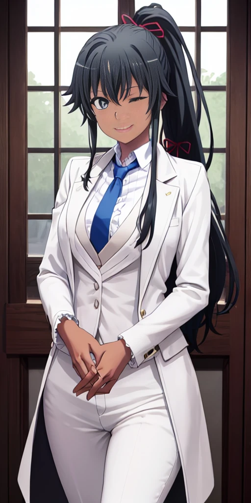 ((best quality)), ((masterpiece)), (detailed) 1girl 1girl, ;\), blurry, blurry_background, breasts, , hair_ponytail ribbon, looking_at_viewer, ok_sign, one_eye_closed, open_hand, Yukinoshita Yukino ,Woman wearing formal clothes, An attractive coat stands in a large gap in the room , 1girl, solo, blue necktie, Black hair, eyes blue, long hair, smile , collared shirt, white pants, white shirt , Elegantly designed coat , Stand in front of a window ,Perfectly tailored tailcoat. It has a stunning Victorian design and is made of lustrous fabric, dark skin gyaru black skin
