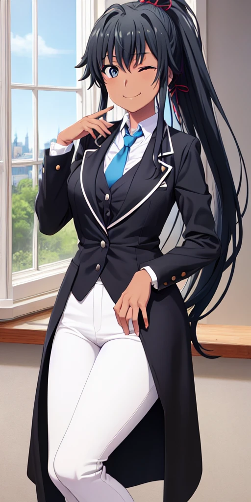 ((best quality)), ((masterpiece)), (detailed) 1girl 1girl, ;\), blurry, blurry_background, breasts, , hair_ponytail ribbon, looking_at_viewer, ok_sign, one_eye_closed, open_hand, Yukinoshita Yukino ,Woman wearing formal clothes, An attractive coat stands in a large gap in the room , 1girl, solo, blue necktie, Black hair, eyes blue, long hair, smile , collared shirt, white pants, white shirt , Elegantly designed coat , Stand in front of a window ,Perfectly tailored tailcoat. It has a stunning Victorian design and is made of lustrous fabric, dark skin gyaru black skin