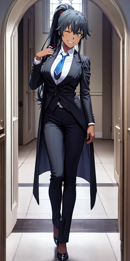 ((best quality)), ((masterpiece)), (detailed) 1girl 1girl, ;\), blurry, blurry_background, breasts, , hair_ponytail ribbon, looking_at_viewer, ok_sign, one_eye_closed, open_hand, Yukinoshita Yukino ,Woman wearing formal clothes, An attractive coat stands in a large gap in the room , 1girl, solo, blue necktie, Black hair, eyes blue, long hair, smile , collared shirt, white pants, white shirt , Elegantly designed coat , Stand in front of a window ,Perfectly tailored tailcoat. It has a stunning Victorian design and is made of lustrous fabric, dark skin gyaru black skin