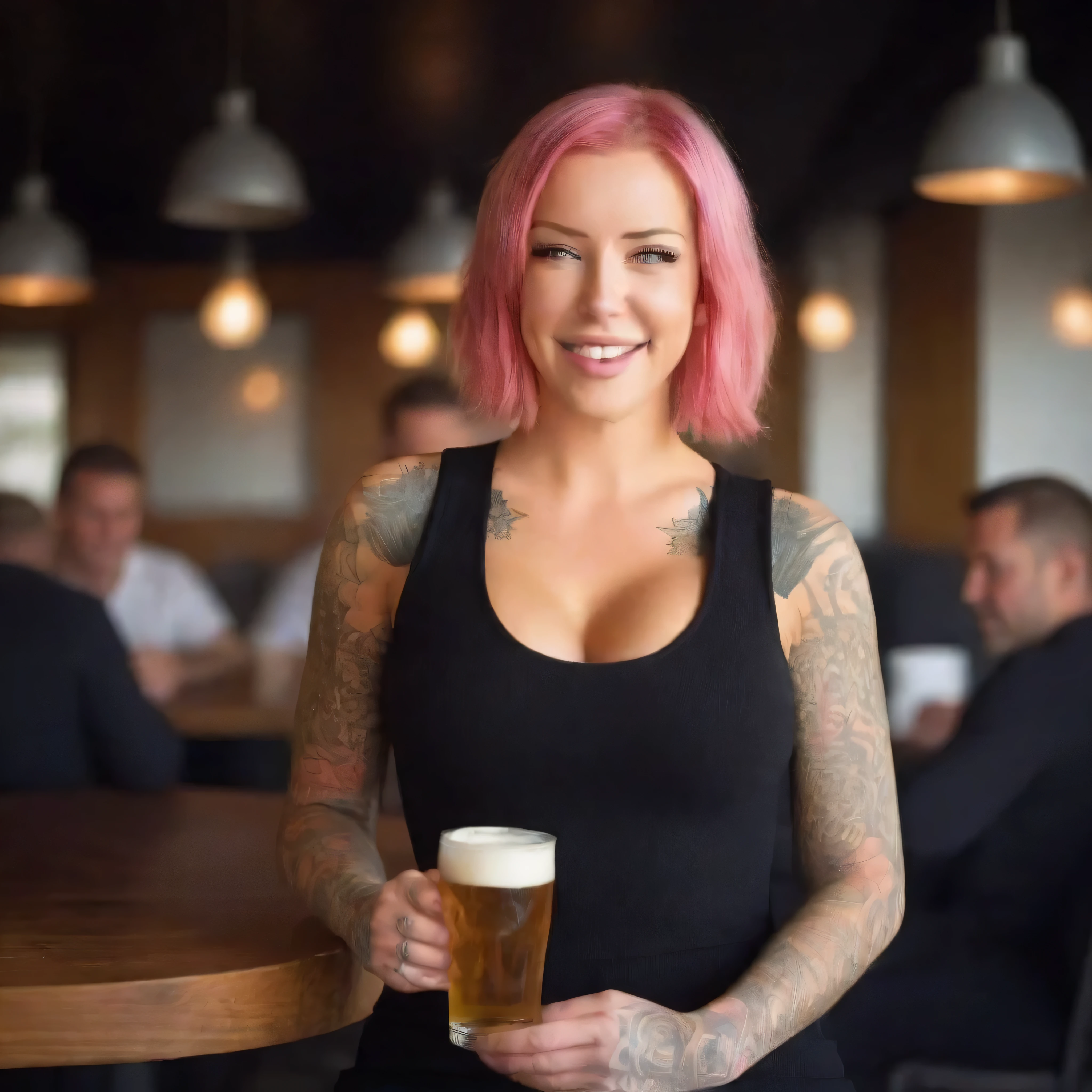 Muscular pink hair girl having a beer in cyberpunk bar