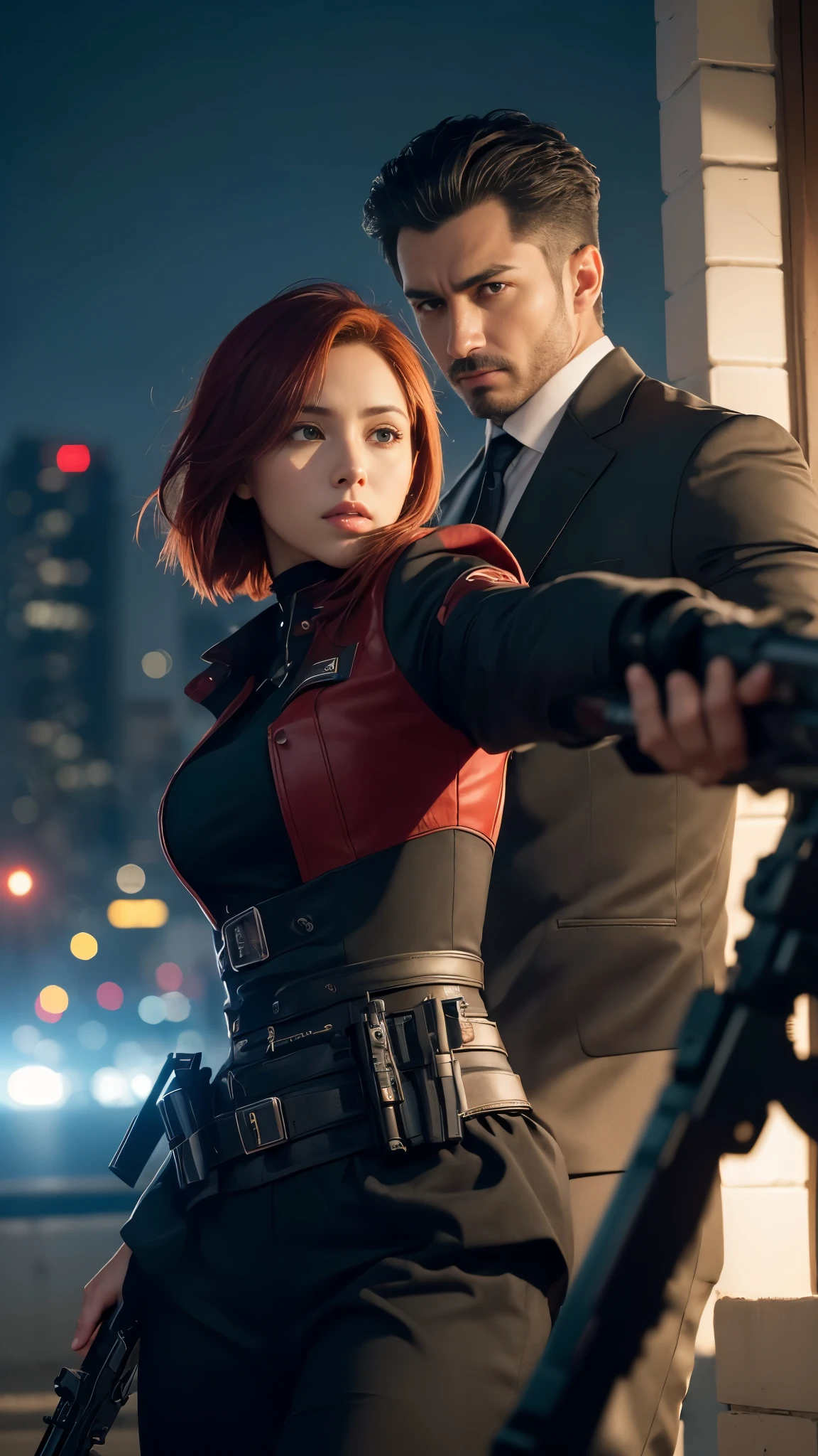 (dos personas:1.6), Ultra-realistic film frame of a male and female assassin with short red hair, (Holding a rifle in aiming position:1.4), (Vistiendo un traje de asesino negro y azul), Carretera detallada de la ciudad por la noche, dynamic angle, Vista desde el frente, detalles locos, Detalles intrincados de la escena, Cinematography and lighting., efecto bokeh, Colores vibrantes y realistas, Obra maestra, Sharp focus, ultra detallado, Taken with DSLR camera, realistic photography, profundidad de campo, Incredibly realistic setting and scene, Master in Composition and Cinematography