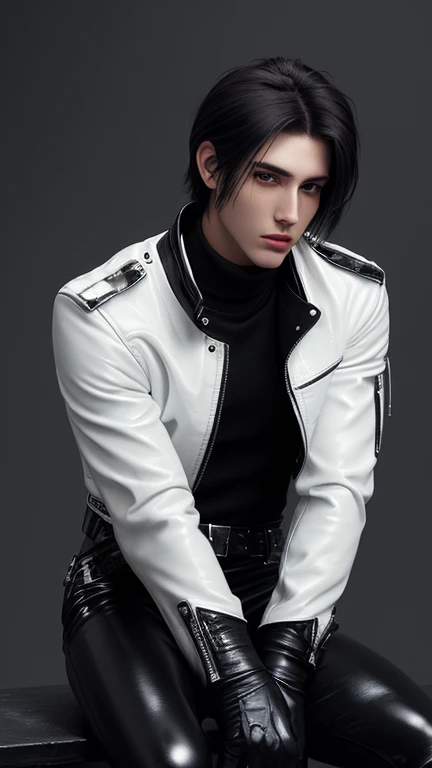 Final Fantasy-style graphics, young, Cute and cool Japanese boys, Thin eyebrows and big eyes, He is wearing a shiny white single-breasted leather jacket...。Biker style leather jacket、 with epaulettes, The jacket is zipped up, The jacket pockets are black., The jacket has a high stand-up collar with a belt, Also wearing a black turtleneck, black leather pants, Thin black leather gloves on both hands, Black leather knee-high lace-up boots, Show me your whole body from head to toe, Final Fantasy Style、((good looking))、((Handsome))、((Clear eyes and nose))、((Shiny white single leather jacket))、((The jacket must be white))、((The jacket has epaulettes))、((The jacket has a high stand-up collar and with a belt))、((The jacket has a black pocket))、((Black turtleneck shirt))、((black leather pants))、((Shiny black leather gloves on both hands))、((Black lace-up leather knee-high boots))、((View the whole body image from a distance))、Realistic image quality and texture、In a small cell、close your eyes、A kind smile、((The jacket is closed with a zipper))、((No exposed skin below the neck))、((Round face)、((Short hairstyle))、((Medium build))、