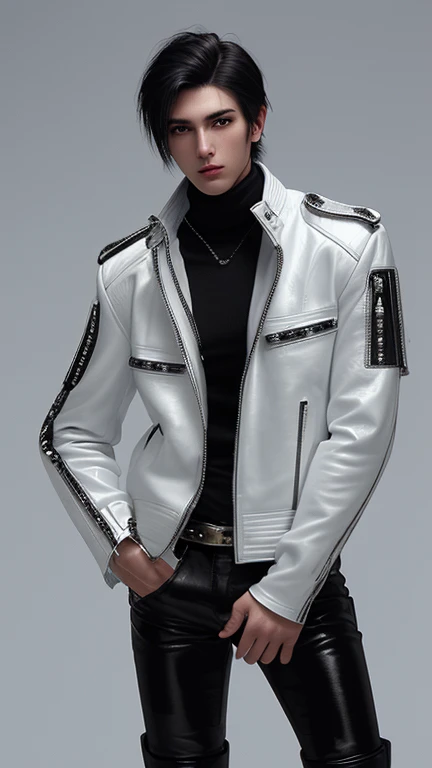 Final Fantasy-style graphics, young, Cute and cool Japanese boys, Thin eyebrows and big eyes,  He is wearing a shiny white single-breasted leather jacket...。Biker style leather jacket、 with epaulettes,  The jacket is zipped up, The jacket pockets are black., The jacket has a high stand-up collar with a belt, Also wearing a black turtleneck, black leather pants, Thin black leather gloves on both hands, Black leather knee-high lace-up boots, Show me your whole body from head to toe, Final Fantasy Style、((good looking))、((Handsome))、((Clear eyes and nose))、((Shiny white single leather jacket))、((The jacket must be white))、((The jacket has epaulettes))、((The jacket has a high stand-up collar and with a belt))、((The jacket has a black pocket))、((Black turtleneck shirt))、((black leather pants))、((Shiny black leather gloves on both hands))、((Black lace-up leather knee-high boots))、((View the whole body image from a distance))、Realistic image quality and texture、In a small cell、close your eyes、A kind smile、((The jacket is closed with a zipper))、((No exposed skin below the neck))、((Round face)、((Short hairstyle))、((Medium build))、