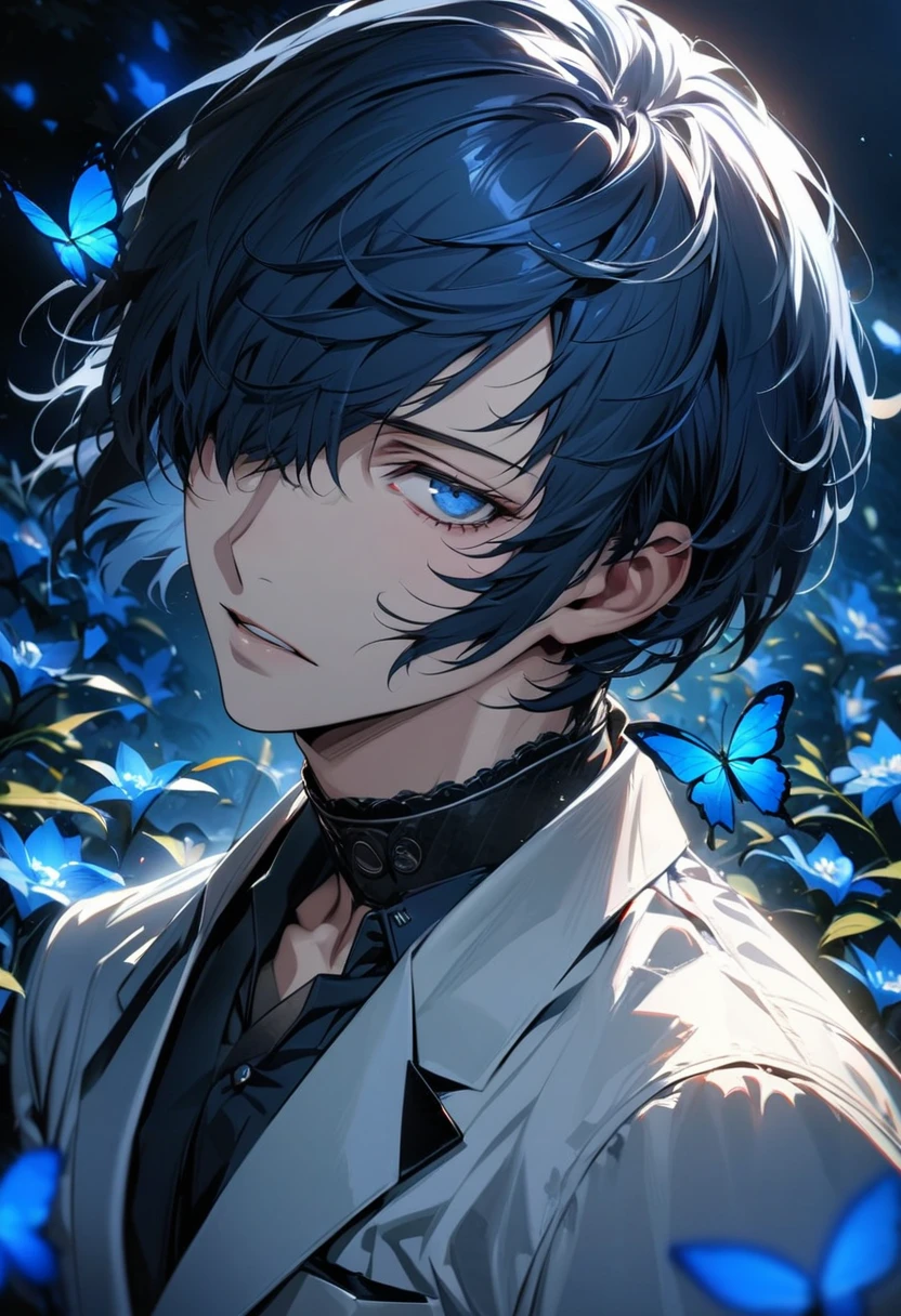 absurdres, highres, ultra detailed, HDR, master piece, best quality, extremely detailed face and eyes, perfect face, Arisato Minato, expressive blue eyes, short dark blue hair, bangs over his left eye, short hair, Persona 3, solo, sexy man, handsome, blue lilies, blue butterflies, moon