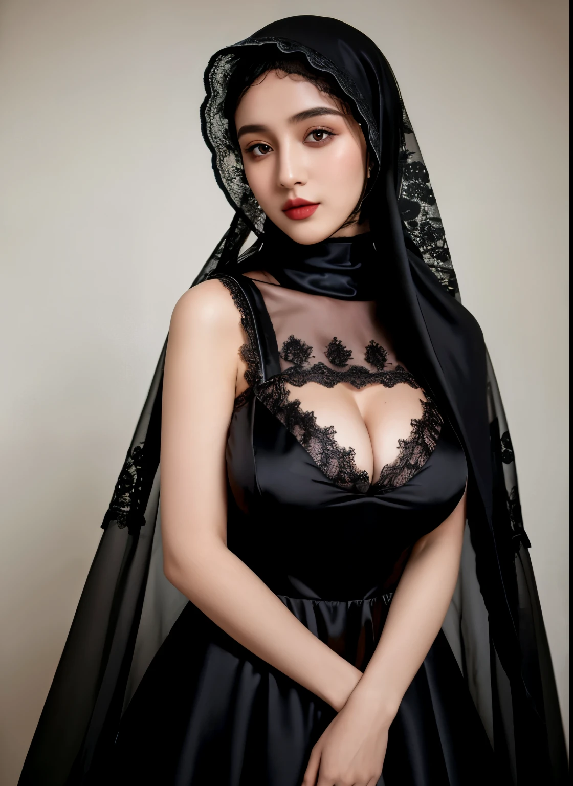 ((big breasts)),Best quality, high resolution, Masterpiece, beautiful Indonesian girl in hijab, Chinese style transparent satin dress, voluptuous expression, sweet smile, girl in red rose mix blue and black hijab, pale pink lips, see-through dress, flower ball background, heavenly palace view, very detailed, 8k, smile and beautiful appearance