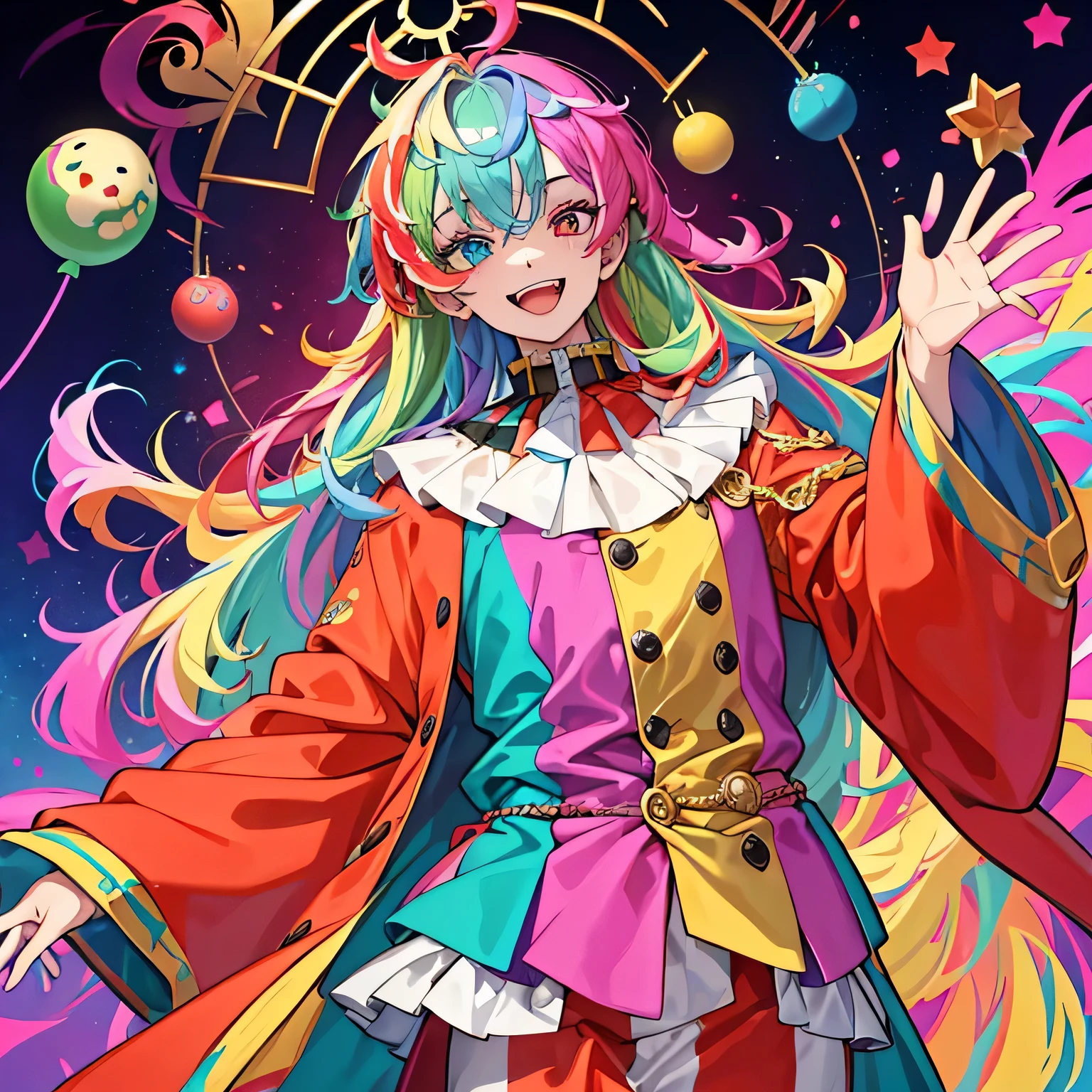 A colorful Circus Clown Man with a painted face, multi color fluffy hair, wearing a loose attire, summoning ilusions, as he poses dramatically at his madness