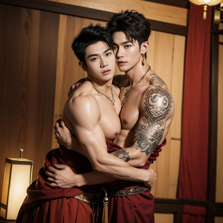 ( safe for work),Two handsome boys kissing, smiling at each other,hugging, kissing, touching lips, cuddle, romantic,skin ship, Chinese Men God, Mythology, realistic, Chinese odyssy, super Handsome,manly, kpop idol, handsome korean actor, 20 years old,, detailed face, manly jawline, detailed mess curly styling hair, Topless, Muscles, big breast Athlete body, Full Frame,full body shoots, realistic, human skin, tattoo breast, Professional studio Lighting, long red tibet wedding Outfit, jade and golden pendent all over , detailed jewery in dress, earings,Chinese ancient wedding Background,out door, super detailed background,look at camera , open mouth, thin Underneathe Underwear, tibet Warrior, Hanfu red wedding dress, tibet Male, tibet Nobel, Seduce , bare chest , tattoo chest, tattoo arms, tattoo hands, tattoo back, tattoo legs , tattoo belly, big juicy butts,