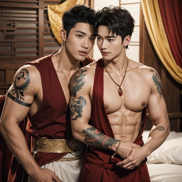 ( safe for work),Two handsome boys kissing, smiling at each other,hugging, kissing, touching lips, cuddle, romantic,skin ship, Chinese Men God, Mythology, realistic, Chinese odyssy, super Handsome,manly, kpop idol, handsome korean actor, 20 years old,, detailed face, manly jawline, detailed mess curly styling hair, Topless, Muscles, big Athlete body, Full Frame,full body shoots, realistic, human skin, tattoo breastessional studio Lighting, long red tibet wedding Outfit, jade and golden pendent all over , detailed jewery in dress, earings,Chinese ancient wedding Background,out door, super detailed background,look at camera , open mouth, thin Underneathe Underwear, tibet Warrior, Hanfu red wedding dress, tibet Male, tibet Nobel, Seduce , bare chest , tattoo chest, tattoo arms, tattoo hands, tattoo back, tattoo legs , tattoo belly, big juicy butts,