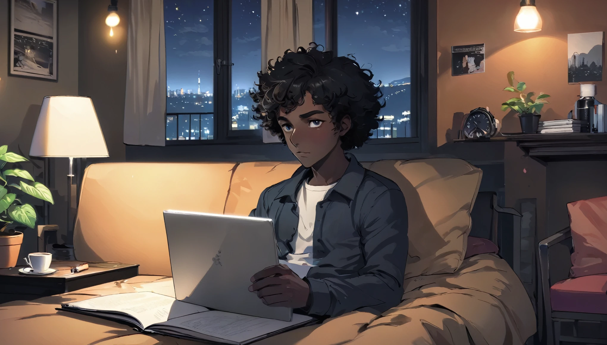 Lofi, Man, Dark skin, Black curly hair, Comfy, Notebook, Coffe, Night, Relax, Room, HD, High Resolution, Masterpiece, 4K