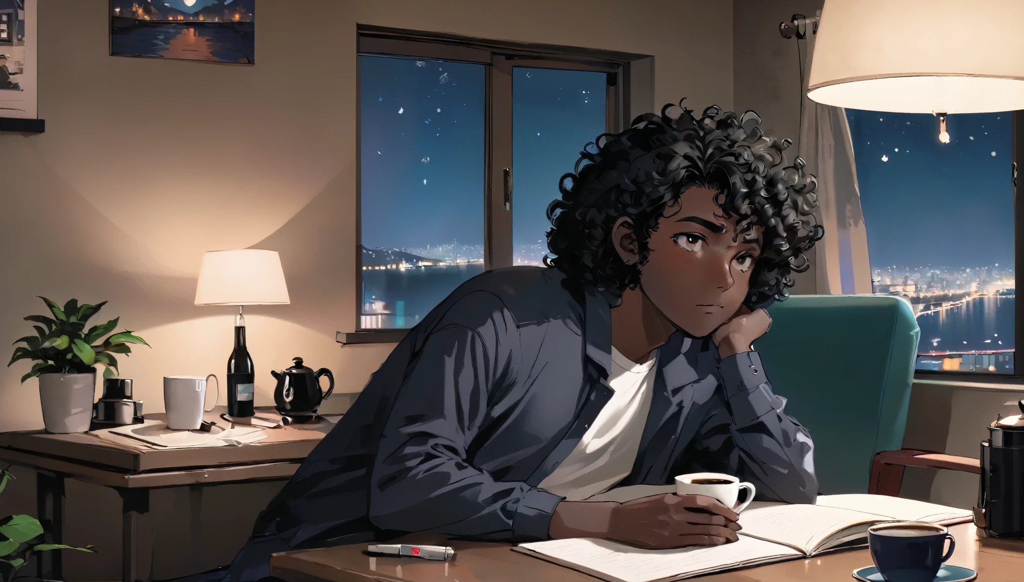 Lofi, Man, Dark skin, Black curly hair, Comfy, Notebook, Coffe, Night, Relax, Room, HD, High Resolution, Masterpiece, 4K