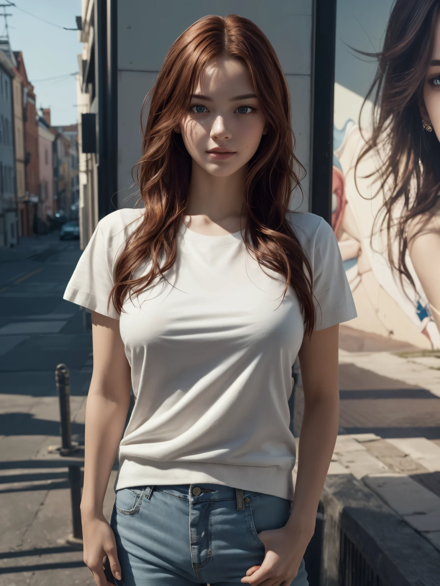 girl standing proud, BREAK, 1girl, detailed face, expressive mural wall, big thick side swept very long red hair, short sleeve t-shirt, sweater pants, delicate and beautiful fair skin, youth and innocent eye expression, (8k, highest quality, masterpiece: 1.2), (Realistic and photorealistic: 1.37), full breasts, huge breast, full body, 